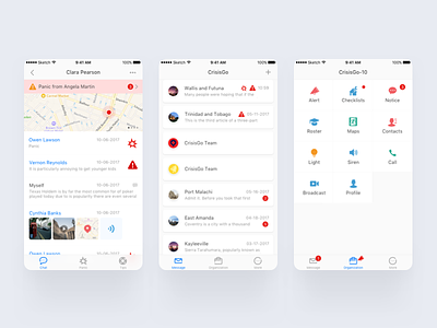 CrisisGo App alert app call checklists contacts light maps notice profile roster siren ui