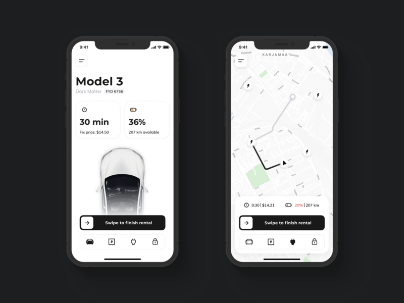 Zero-emissions car rental app auto automobile automotive black car car rent car sharing fleet mobile rent rental rental app tesla transportation transportation app ui ui ux ux white