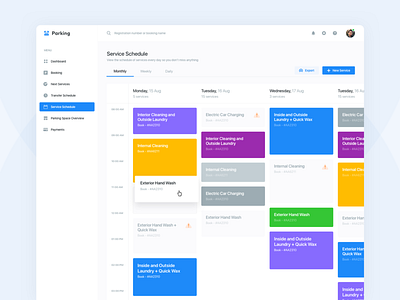 Daily Service Schedule admin dashboard admin panel calendar car cleaning colors daily ui dashboard kanban parking rent saas schedule service ui user experience user inteface ux web web design