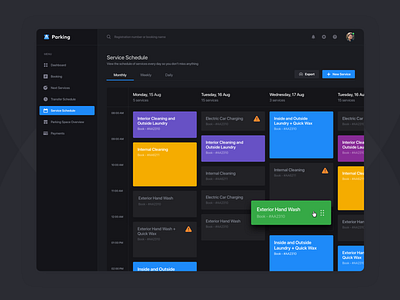 Daily Service Schedule - Dark Version admin admin panel auto calendar car cleaning colors dashboard kanban parking rent saas schedule service ui user experience user inteface ux web web design