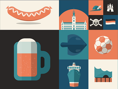 WIP illustration project for Hamburg, Germany. architecture beer boat fish flat design germany grid hamburg hat hot dog illustration illustrator pint sausage ship soccer st pauli weiner