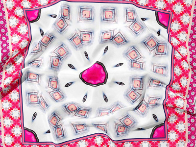 Pink kaleidoscopic prints 2d art carre scarf colorful fabric print fashion illustration kaleidoscopic pattern pink pattern scarf design silk surface print textile design
