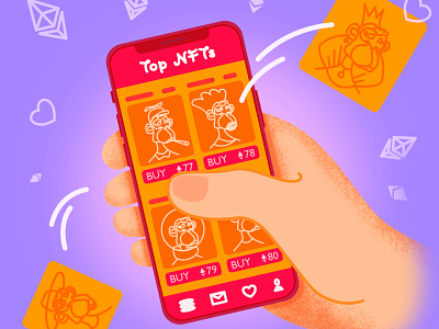 Apps for Buying NFTs 2d art app bayc bored apes colorful crypto cryptoart editorial ethereum hand illustration interface mobile nft nft collection positive purple screen ui vibrant
