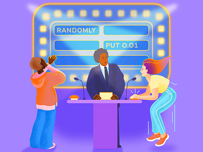 How to price an NFT (editorial) boy and girl casual style characters colorful colourful diversity editorial game game show illustration positive purple quiz teenagers tv host tv show vector illustration