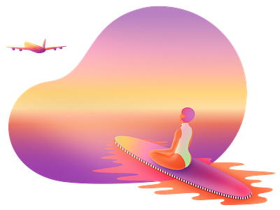 Staying away from the usual fuss colorful colors editorial getaway holiday illustration plane illustration purple relaxation sunset sunset girl surfing girl tropical vacation woman on a sup board