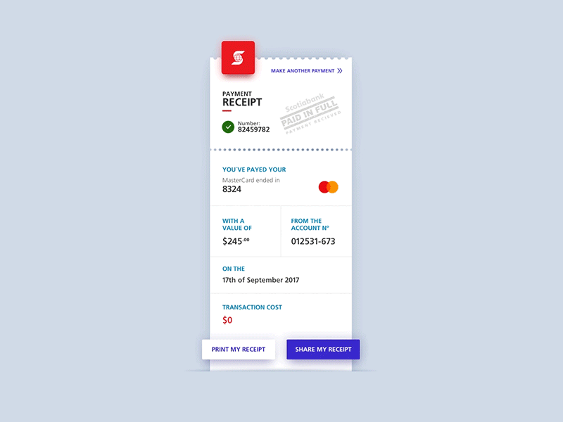 Bank Payment Receipt Concept bank credit card interface microinteraction ui user ux