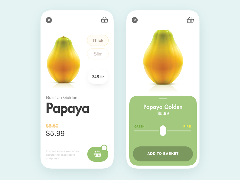 Papaya's good! add to basket add to cart app design e commerce flat fruit interface minimal purchase purchasing shop app shop design shop online ui ux web website