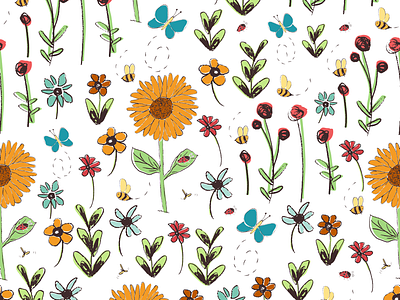 Spring Garden bees butterfly floral floral illustration flowers hand drawn happy pattern illustration pattern pattern design spring spring feeling sunflower