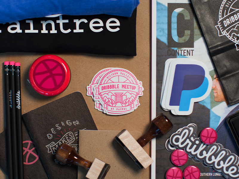 Swag for the Dribbble Meetup at PayPal braintree pencil scoutbook stamps stickers swag paypal meetup dribbble