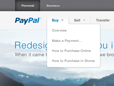 PayPal Redesign - 2012 drop downs interaction design navigation paypal redesign redesign ui ux visual design