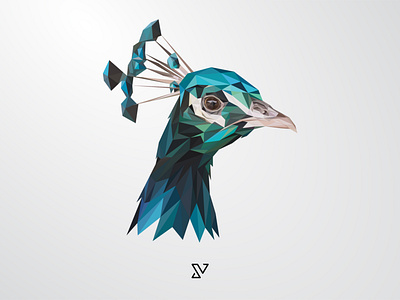 Low poly vector art of a blue peacock.