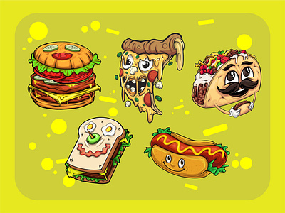 cute food stock illustration bun burger cartoon character character concept delicious food hotdog illustration pizza vegetarian