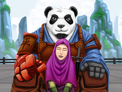 vacation with mr,panda cartoons character concept concept art digital imaging digitalart digitalpaiting dreamworks fable fantasy girl hijab illustraion marvel panda panda bear pandas pho sword ukhti warner bros