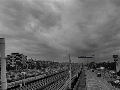 Zeppelin in city motion graphics photoshop