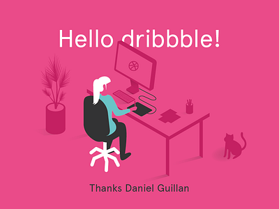 Working! cat computer debut dribbble first first shot illustration pink wacom working