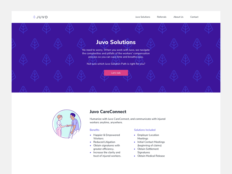 Juvo website, services page blue clean clean website illustration juvo pink purple scroll violet website design websitedesign white white background workers workers comp