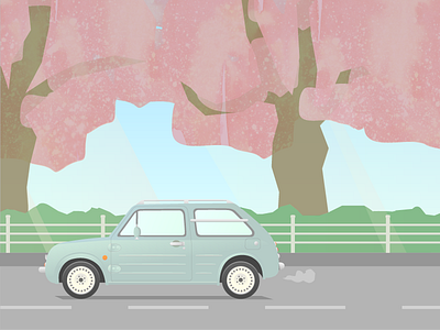Pao cars cherry blossoms drive illustration japanese nissan pao spring
