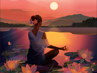 Meditation adobe illustrator girl illustration illustration illustrator lake lotus lotus flower meditation portrait poster sunset vector woman illustration woman portrait yoga