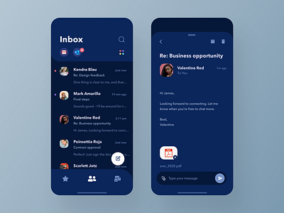 Simple Email Client – Friendly Dark Mode app blue app clean dark mode dark ui design email email app email client ios iphone minimal mobile app product product design productivity app simple ui ux ux design