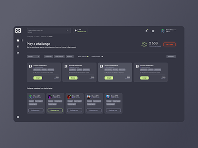 Esports platform dashboard for wager matches