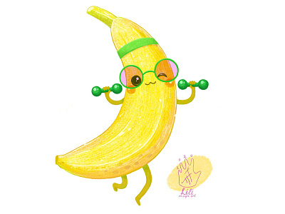 Banana and fitness with dumbbells 🍌 cartoon cgart character characterdesign cute cuteart design digitalartist illustration kawai