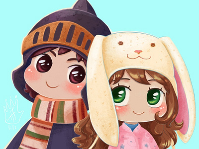 Chibi portrait in funny hats anime animechibi art artist cartoon cgart character characterdesign chibi couple cute cuteart digitalartist illustration kawai love portrait