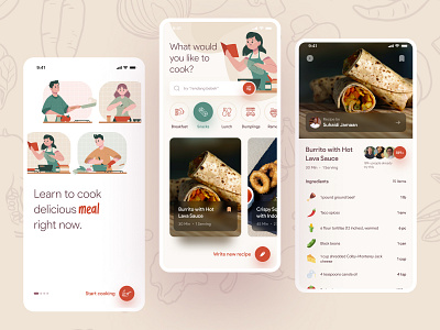 Food Recipe App UI app card clean cuisine culinary flat food app ingredients meals recipe restaurant typography ui video tutorial
