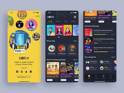 Noice, Podcast / On-demand Audio Content App app audio content audiobook discovery exploration for you page home mobile on demand podcast splash screen streaming ui