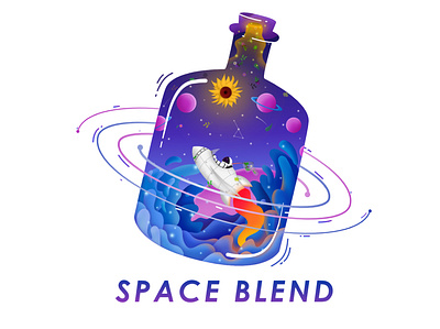 SPACE BLEND affinity designer almond artwork astronaut branding business fluid gradient graphic design illustration liquid logo milk plants purple rocket solar system space universe vector