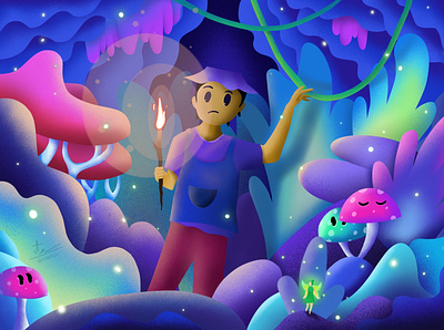 Follow The Lights album art book cave children colorful colors cover design draw fairy gradient human illustration mushroom people person procreate story vector