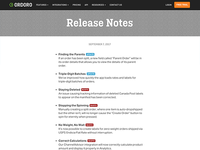 Ordoro Release Notes Page