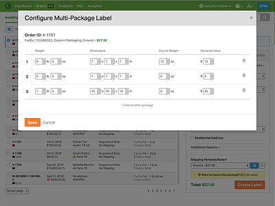 UI for creating a multi-package label aktiv grotesk ordoro shipping table ui