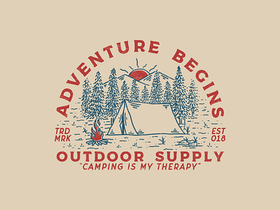 ADVENTURE BEGINS apparel design badge logo badgedesign clothing design clothingbrand illustration merch outdoorapparel outdoorsupply supplyanddesign vintage design