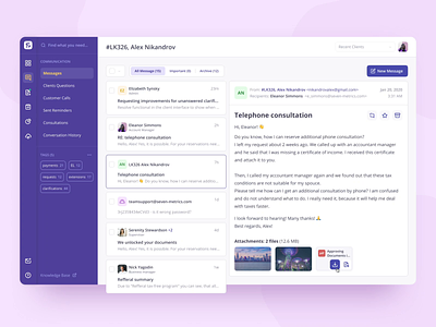 Accountant Platform — Messages screen adaptive animation application attachments blue card chat clean communication dashboad design inbox interaction interface messages pink platform sidebar ui ux