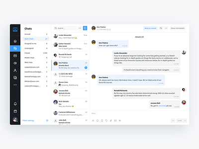 Chat page — all customers conversations active app call chat clean conversation filters grey inbox interface layout messenger messenging notification reply saas search sidebar user ux