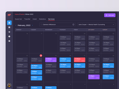 Private CRM system for event management appointment blue booking calendar crm dark theme erp software events interface meet meeting night planing planner saas schedule timeline timetable uxui web application