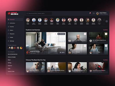 Streaming platform application black clean courses dark theme edtech interface night theme online education platform red saas streaming ui user experience design user interface design ux video web application webinar