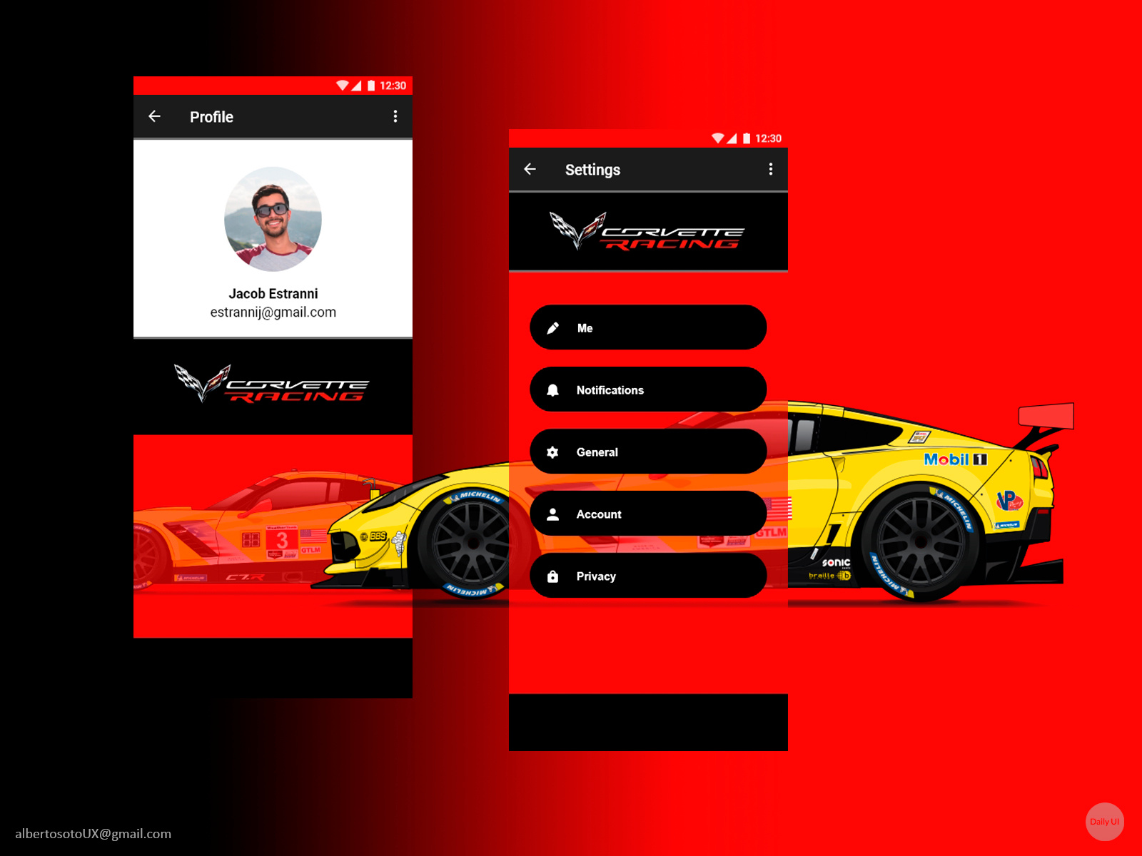 Corvette Racing Fan App - Profile / Settings by Alberto Soto on Dribbble