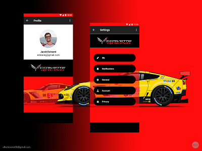 Corvette Racing Fan App - Profile / Settings 100 days of ui 100daychallenge dailyui dailyui006 dailyui007 ui ux web design