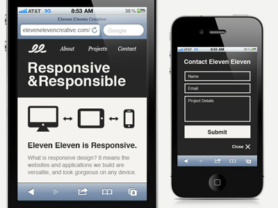 Eleven Eleven Creative Mobile Site - Home black contact helvetica homepage icon iphone mobile responsive ui ux