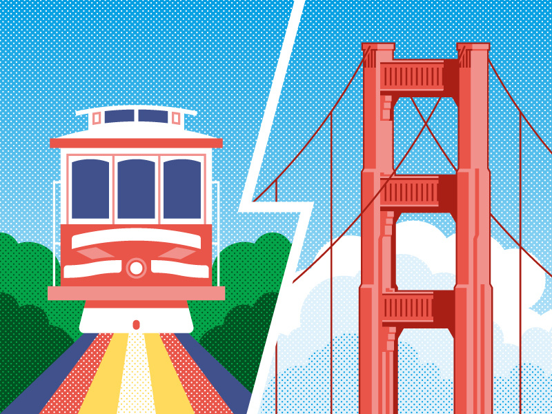 San Francisco halftone california clouds sf geometric vector golden gate bridge cable car usa illustration san francisco