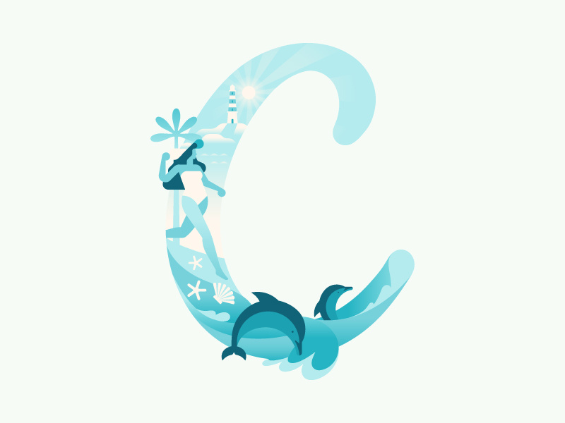 Canva 'C' sea sun wave water summer lighthouse dolphin vector woman gradient flat aquamarine illustration canva