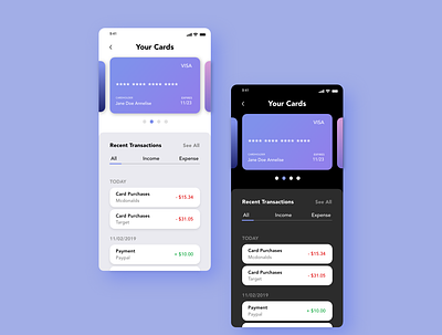Finance App: Light vs Dark banking card credit card debut debut shot design finance app first post first shot mobile app ux ux design