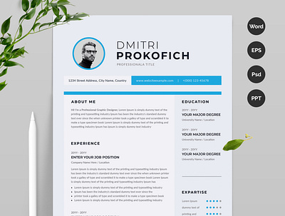 Modern and Simple Resume CV 1 page resume 2 page resume a4 blue clean clean resume creative curriculum vitae cv cv template design designer illustration infographic logo microsoft word minimalist professional resume resume for word