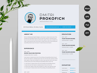 Modern and Simple Resume CV 1 page resume 2 page resume a4 blue clean clean resume creative curriculum vitae cv cv template design designer illustration infographic logo microsoft word minimalist professional resume resume for word