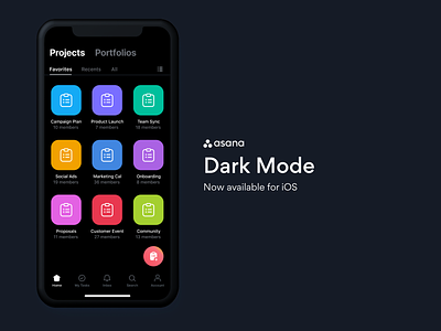 Asana Dark Mode for iOS dark knight rises dark mode dark theme dark ui ios ios app product design ui who turned out the lights