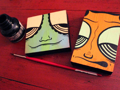 Two Mini Paintings black brush character face illustration ink orange original paint wood