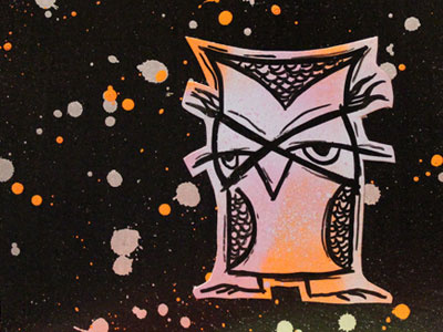Attitude Owl bird ink mixed media orange original owl painting paper purple spray paint wood