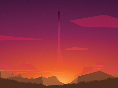dusklaunch evening geometric gradient illustration liftoff mountains rocket sky sunset