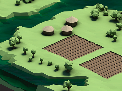 village facet faceted farm fields game green hut isometric landscape polygon polygonal trees